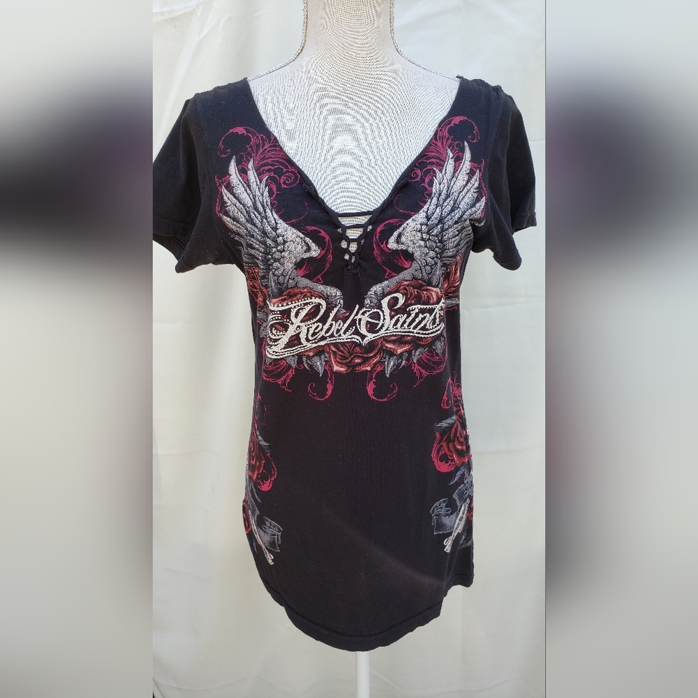 Rebel Saints Black Graphic Women's Top Size L